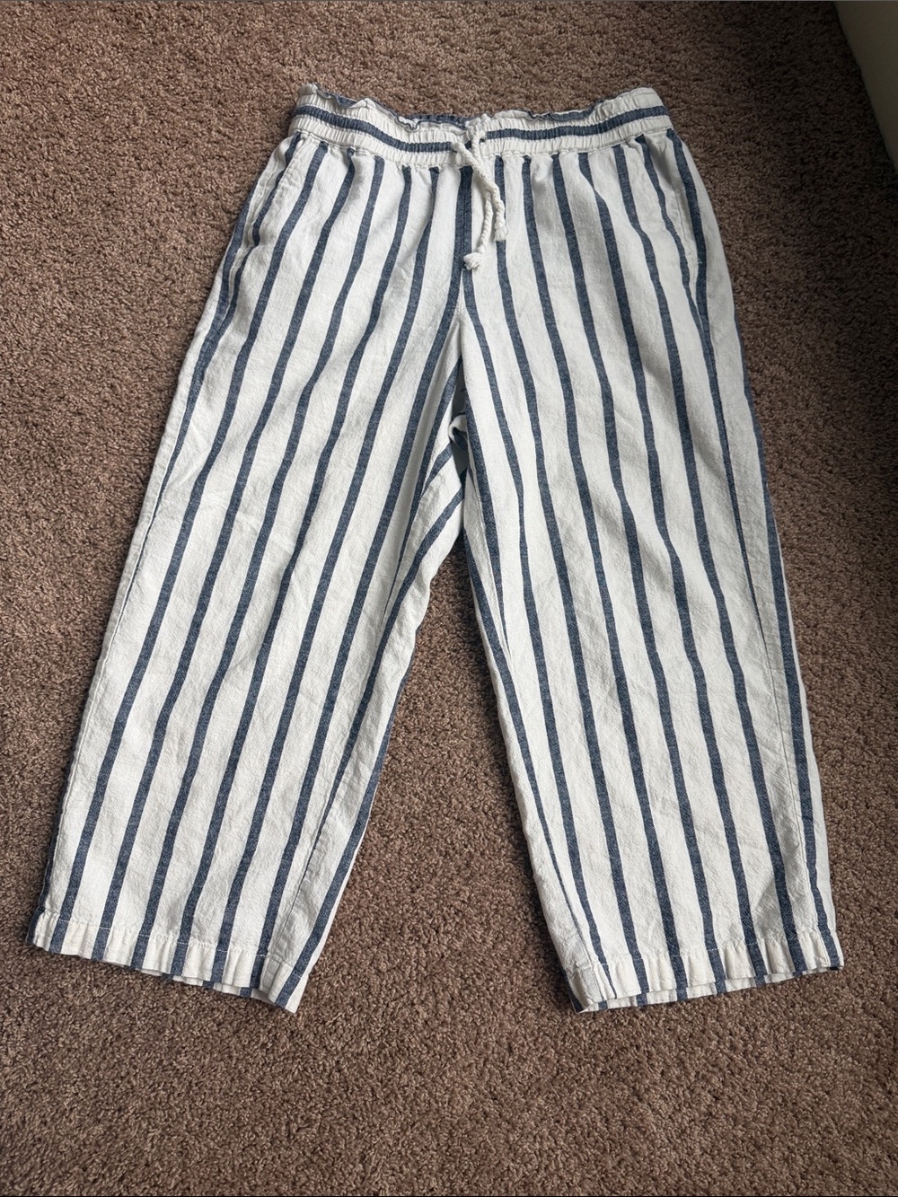 J. Crew Linen White Pants with Navy Vertical Stripes Size 10